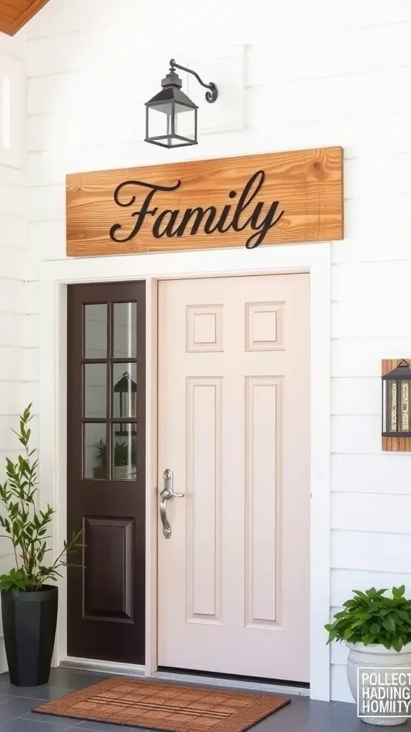A welcoming home entry with a black door, personalized signage, and potted plants.