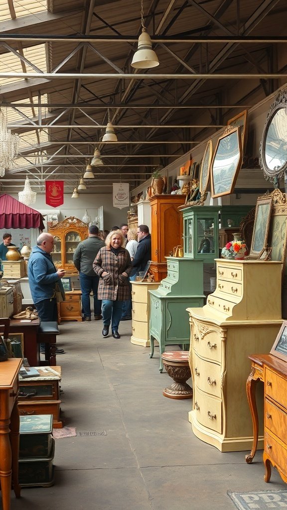 A bustling flea market showcasing various vintage hand painted furniture pieces.