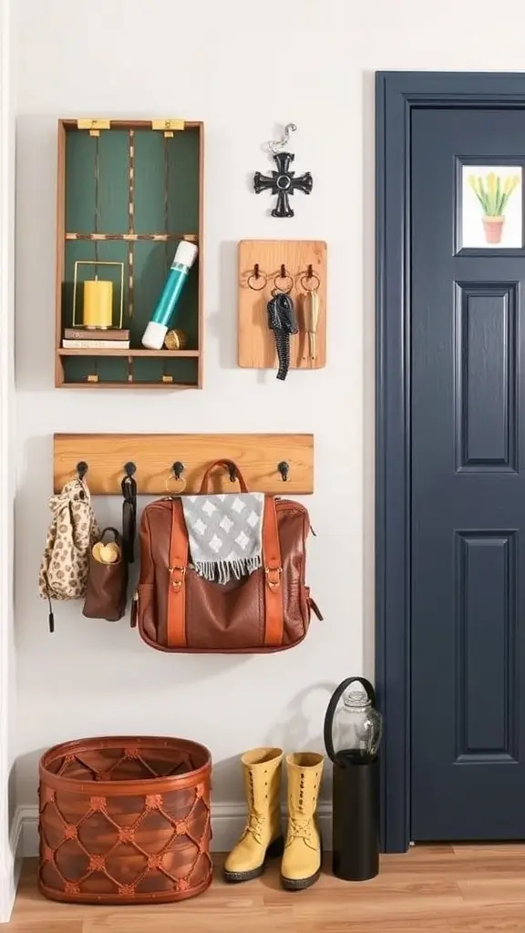 A stylish entryway featuring unique key holders and hooks spelling out 'NOT LOV', with a woven basket and keys displayed.