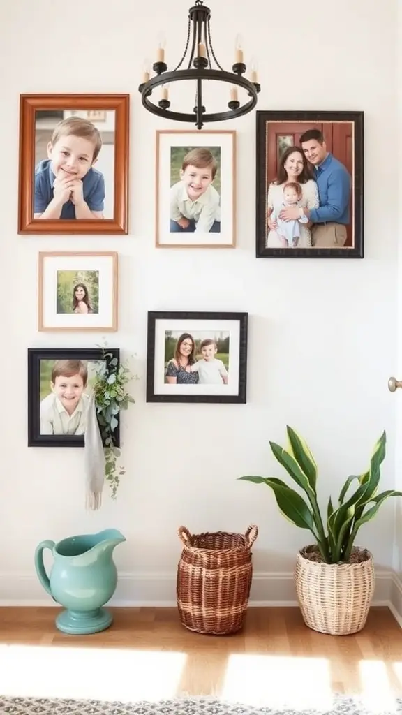 Bright home entryway with personalized family portraits on the walls, showcasing a welcoming atmosphere.