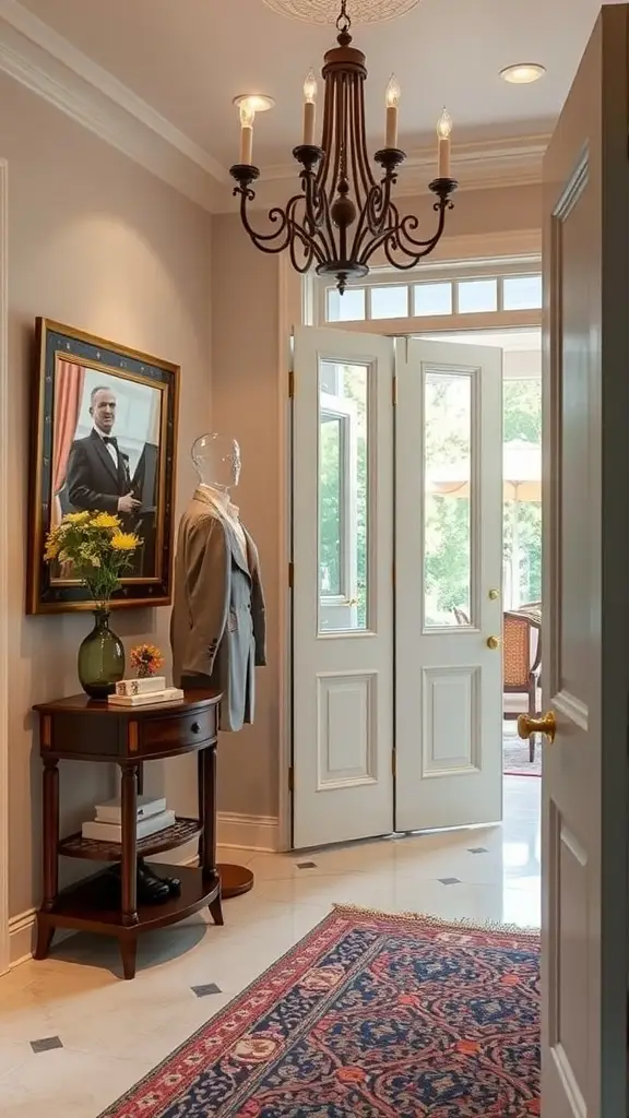 A vintage suit displayed on a stand in a stylish home entryway.