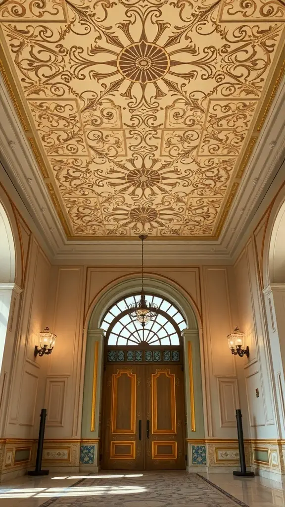Intricate ceiling design in a grand entryway
