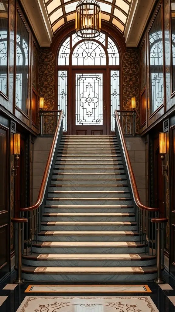 Art Deco inspired staircase with marble steps and wooden railing, featuring large windows and an elegant light fixture.