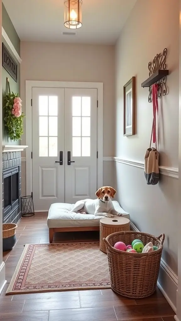 A charming home entryway featuring a dog sitting on a colorful rug in front of a wooden door with a wreath.