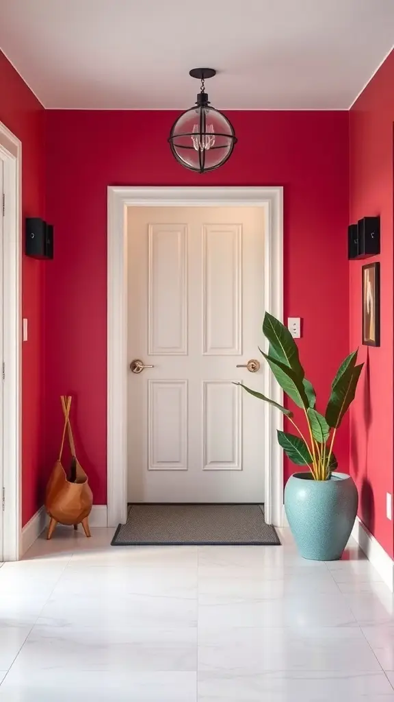 A bold entryway featuring red walls, a white door, and a stylish light fixture, complemented by a potted plant.