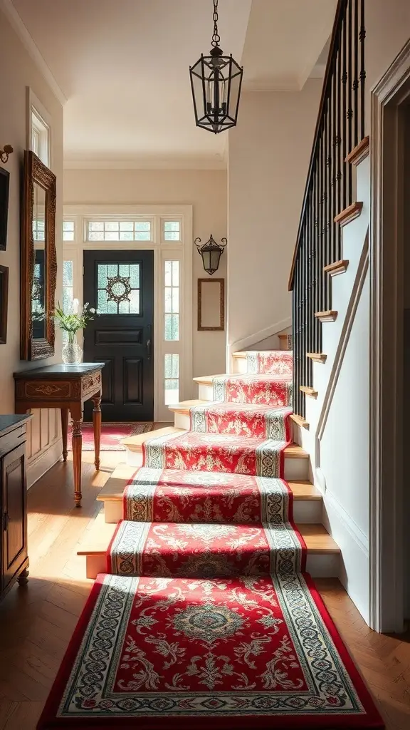 A staircase featuring a red stair runner with intricate patterns, leading to a stylish entryway.