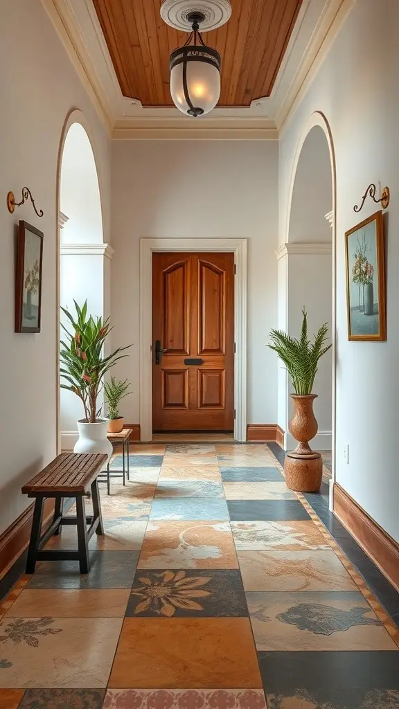 Artistic flooring in a home entryway with floral patterns and rich colors.