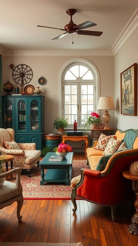 A cozy living room featuring vintage hand-painted furniture, including a blue cabinet, red and yellow seating, and a floral centerpiece.