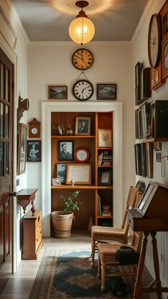 A cozy home entryway featuring a display of clocks, framed photographs, and a small plant, creating a warm and inviting atmosphere.