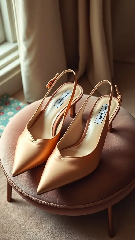 Chic satin slingback high heels on a round stool