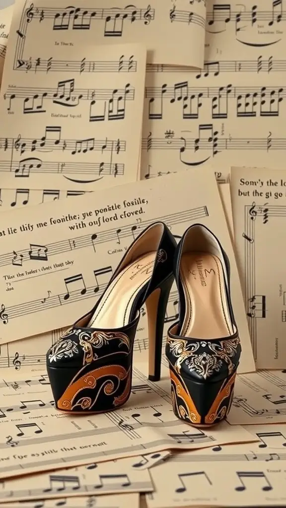 A pair of elegant black and gold platform shoes on sheet music