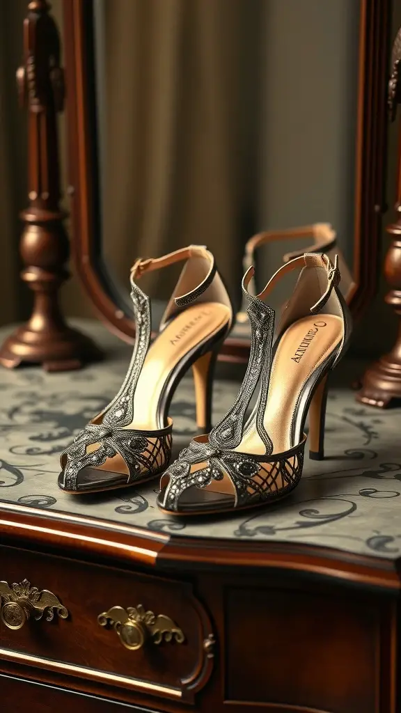 A pair of classic T-strap heels on a decorative surface, showcasing intricate design and elegance.