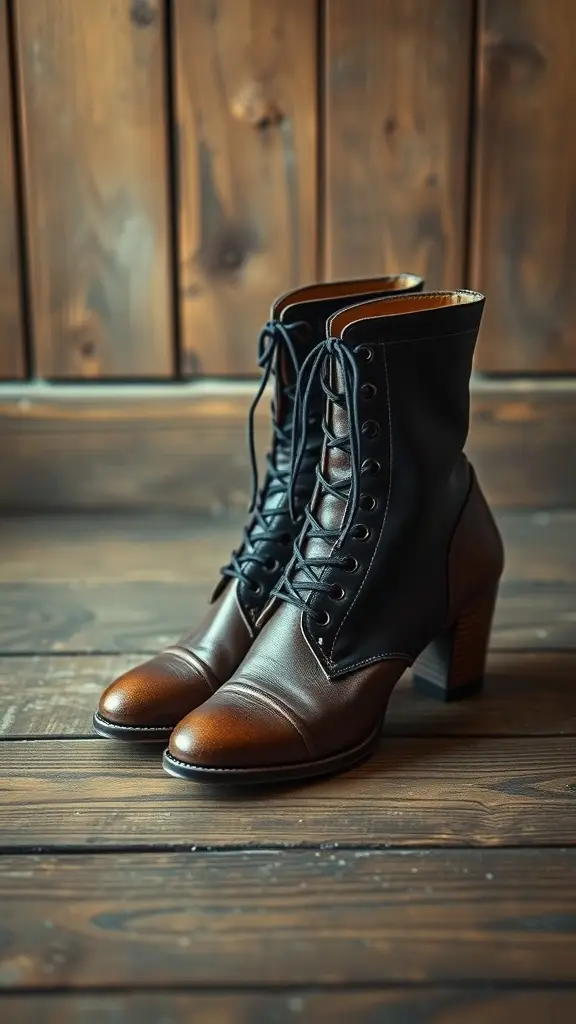 Vintage lace-up boots in brown and black leather on a wooden floor.
