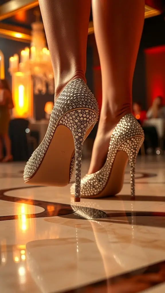 A close-up of sparkling Mary Jane high heels with a shiny surface, set against a luxurious background.