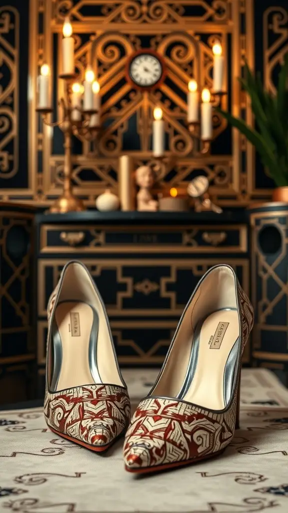 Art Deco inspired high heels with intricate patterns, set against a glamorous backdrop.