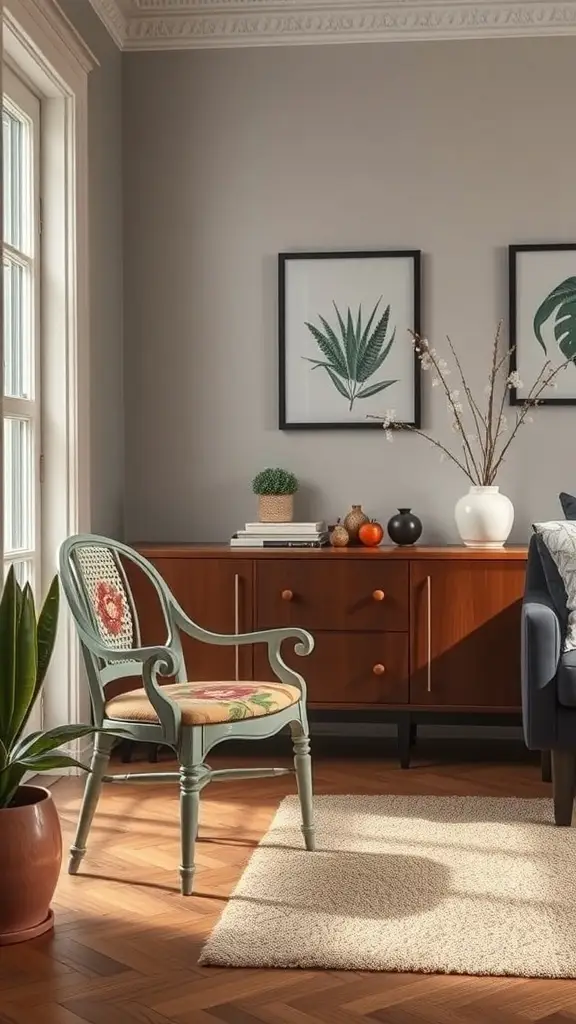 A cozy modern living space featuring a vintage hand painted chair and a wooden sideboard.