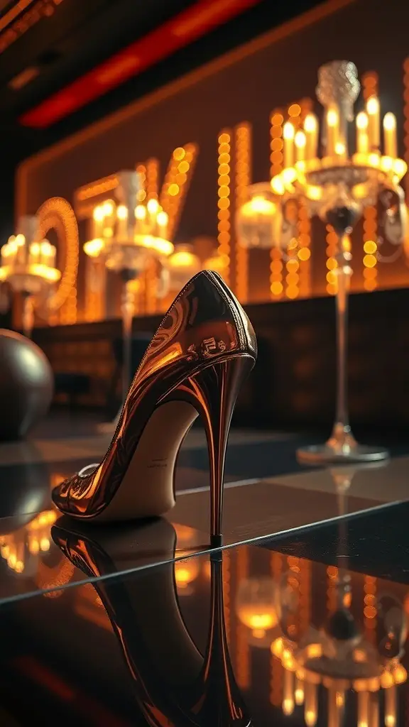 A stylish metallic leather high heel shoe on a reflective surface with elegant lighting in the background.