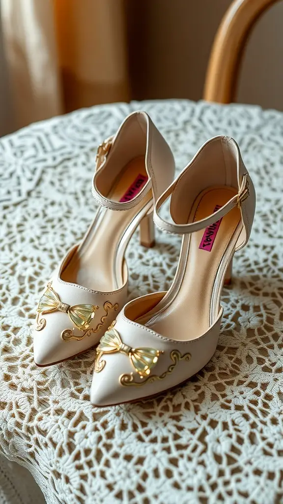 A pair of charming kitten heels with a bow, set on a lace tablecloth with candles in the background.