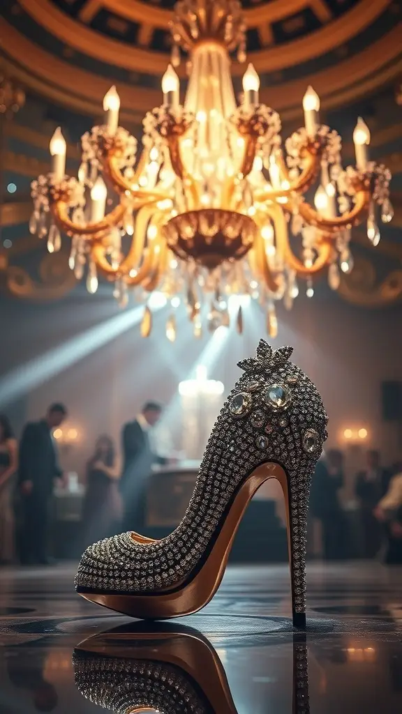A stunning rhinestone embellished high heel shoe, reflecting light under a chandelier.