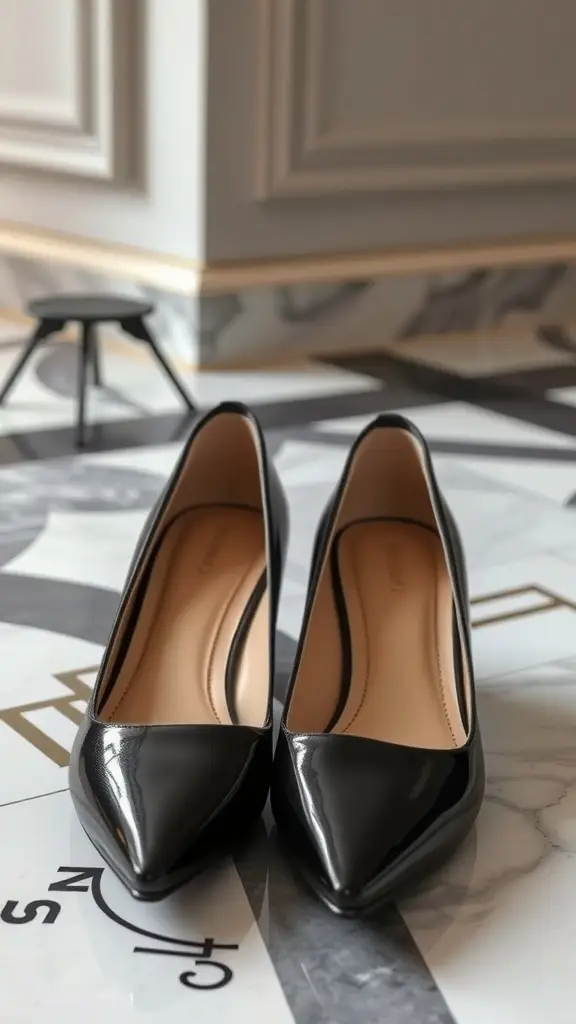 A pair of classic black pumps on a stylish floor