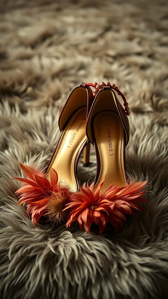A pair of feather-trimmed stilettos on a plush surface, showcasing their vibrant color and elegant design.