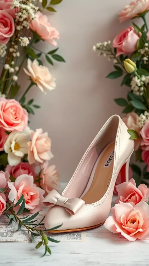 A pastel pink high heel shoe with a bow, surrounded by pink roses and greenery.