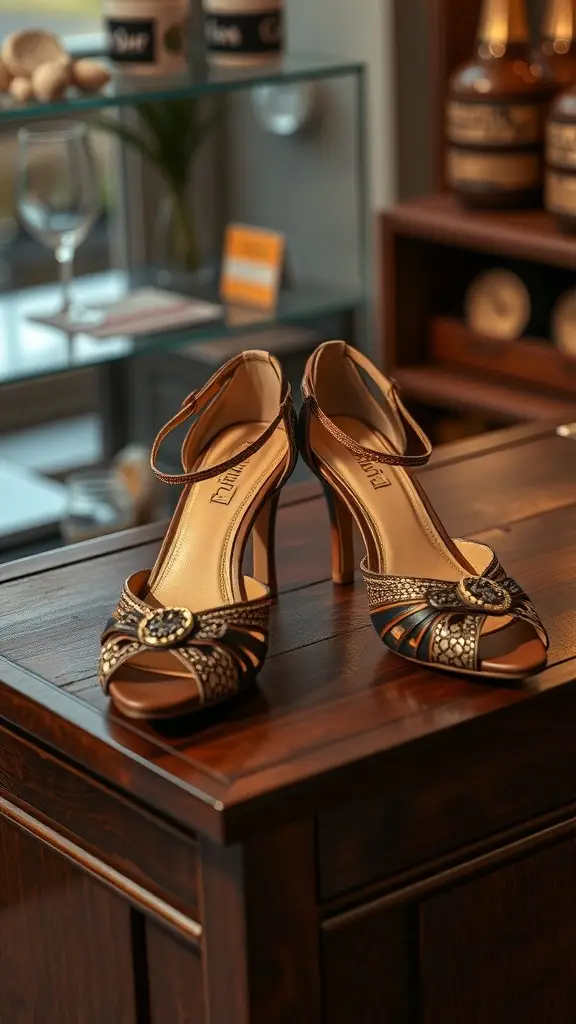 Artisan crafted 1920's high heels on a wooden surface