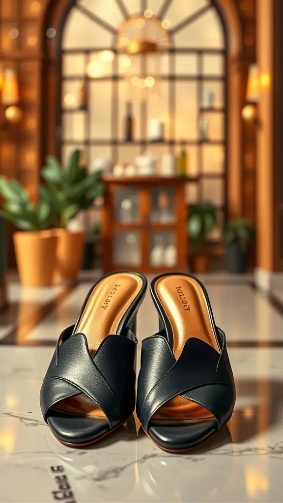 Chic black open-toe mules on a marble floor with a stylish background.
