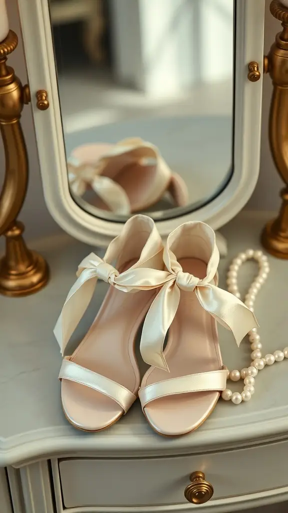 Silk ribbon tied sandals on a vanity with a mirror and pearl necklace