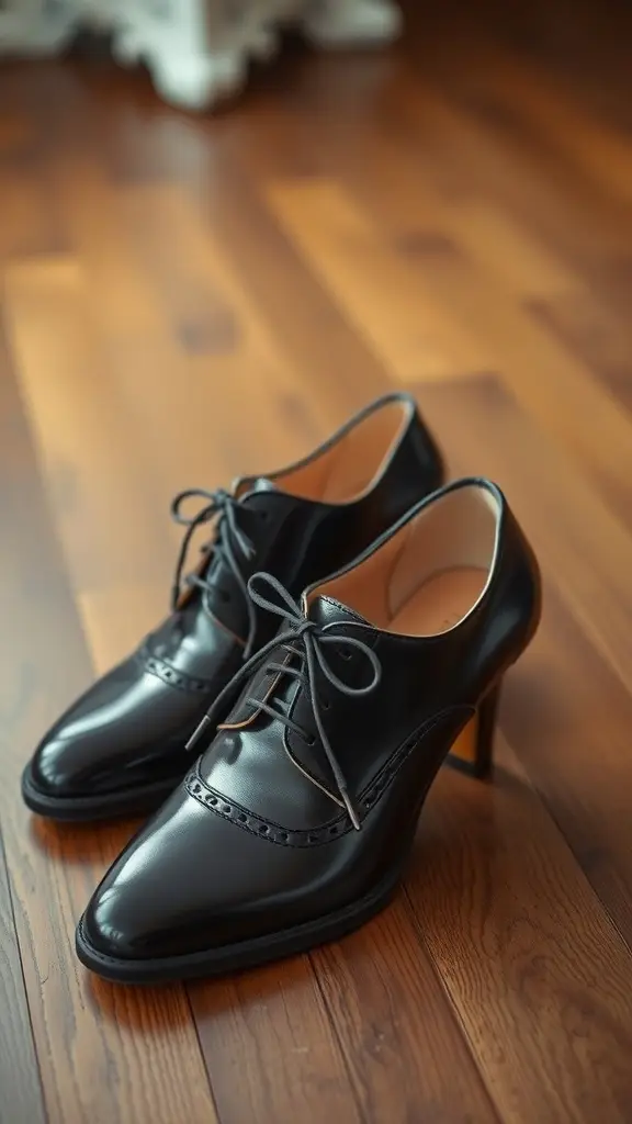 A close-up of a black Oxford heel shoe on a wooden floor.