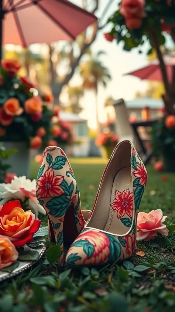 A pair of retro floral print heels surrounded by roses in a garden setting.