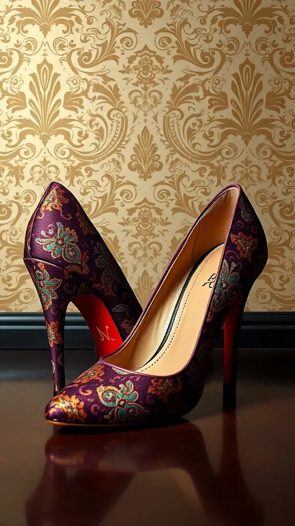 Art Deco brocade heels in purple with intricate patterns, set against a decorative background.