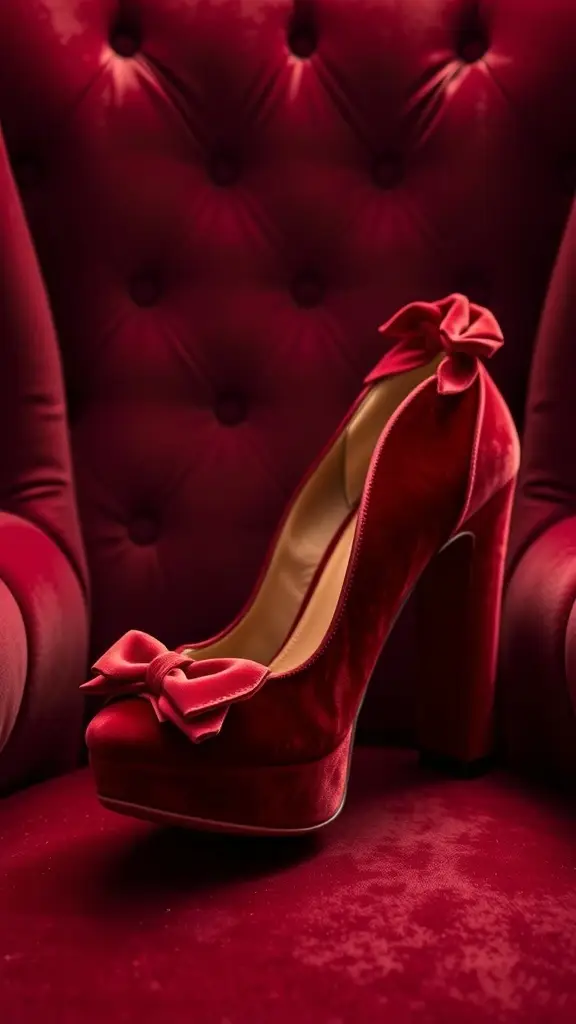 A pair of luxurious burgundy velvet high heels resting on a plush chair, showcasing their elegant design.