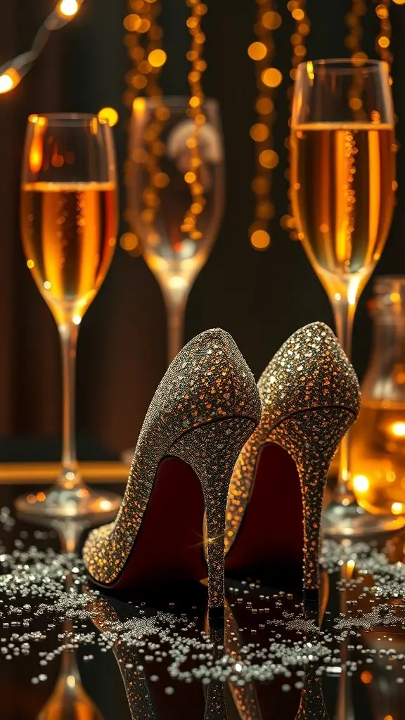 A pair of dazzling glitter heels with champagne glasses in the background, perfect for a Great Gatsby party.