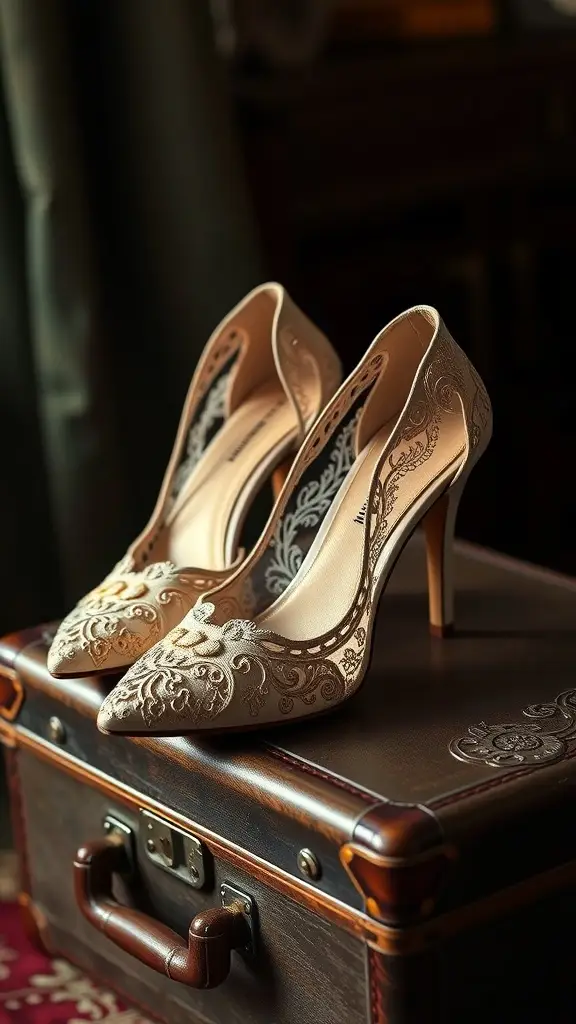 A pair of elegant lace high heels resting on a vintage suitcase.