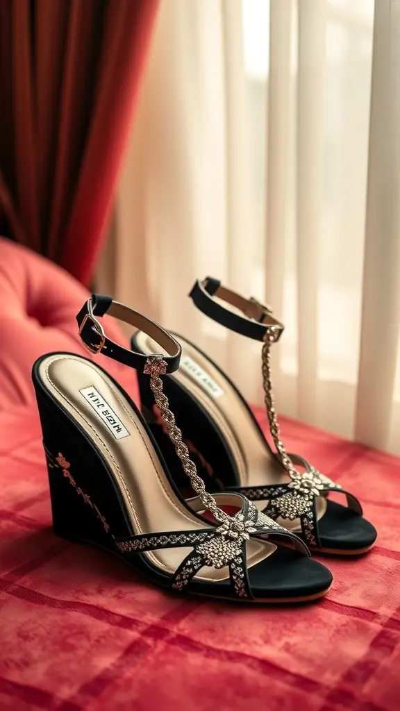 Elegant black evening wedges with embellishments on a red background