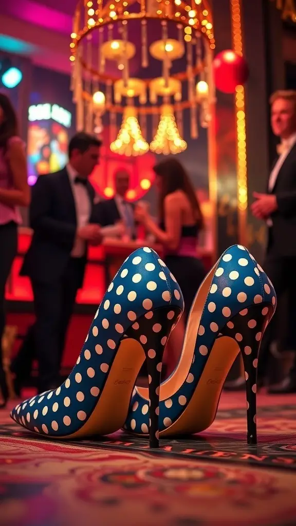 A pair of blue polka dot high heels with a stiletto heel, set against a vibrant party backdrop.