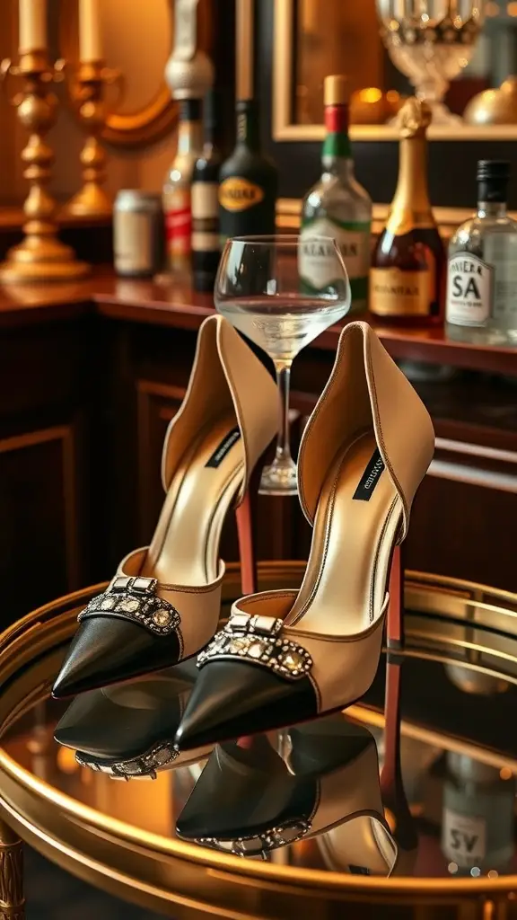 A pair of sophisticated two-tone heels with a cream and black design, embellished with a decorative buckle, placed on a glass table next to a martini glass and bottles of liquor.