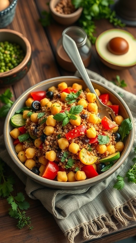 A colorful spiced chickpea and quinoa salad with fresh vegetables and herbs.
