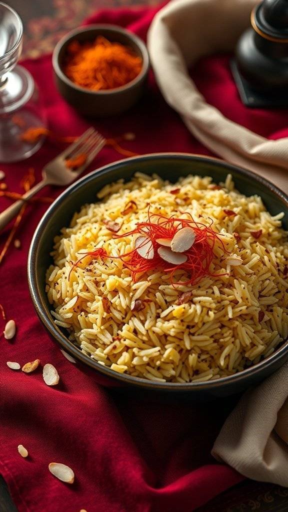 A bowl of saffron and almond rice pilaf garnished with saffron strands and almonds.