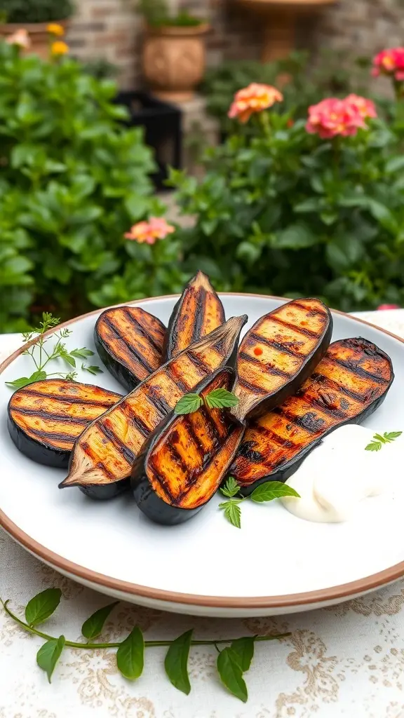 Grilled eggplant slices with harissa glaze on a white plate, garnished with herbs and yogurt.