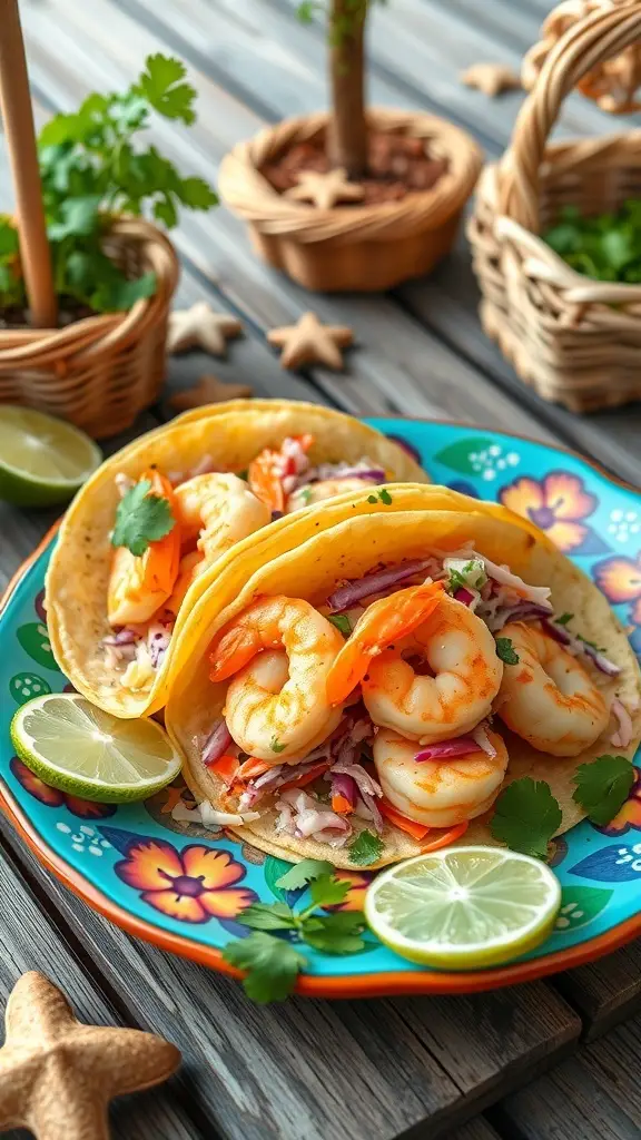 Cilantro-lime shrimp tacos with spicy slaw, garnished with lime and cilantro.