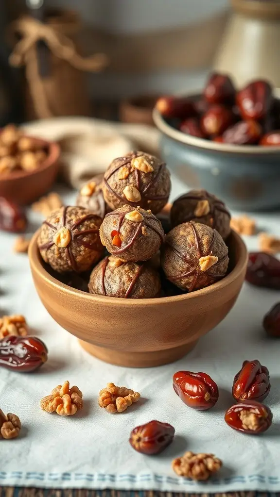 A bowl of sweet and spicy date and walnut energy bites surrounded by dates and walnuts.