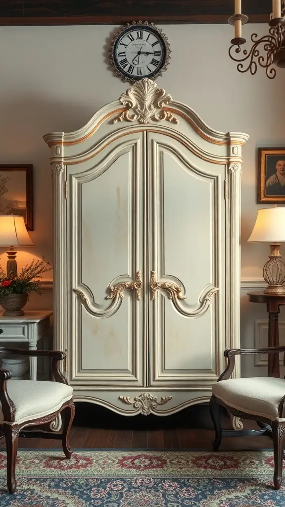 Vintage hand-painted armoire with intricate details, flanked by elegant chairs and a classic clock on the wall.