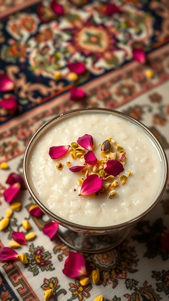 A bowl of rose water and pistachio rice pudding garnished with rose petals and pistachios on a decorative tablecloth.