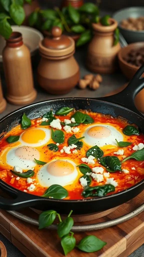 A skillet of Shakshuka with feta and spinach from Dorne.