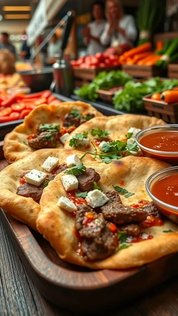 Spicy lamb and feta flatbreads served with fresh herbs and sauce