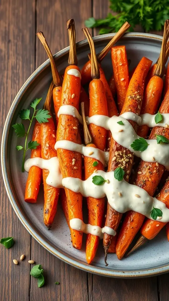 A plate of cumin-spiced roasted carrots drizzled with tahini sauce, garnished with fresh herbs.