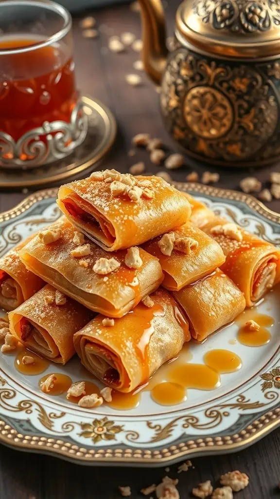 Honey and orange blossom baklava rolls on a decorative plate with nuts and syrup
