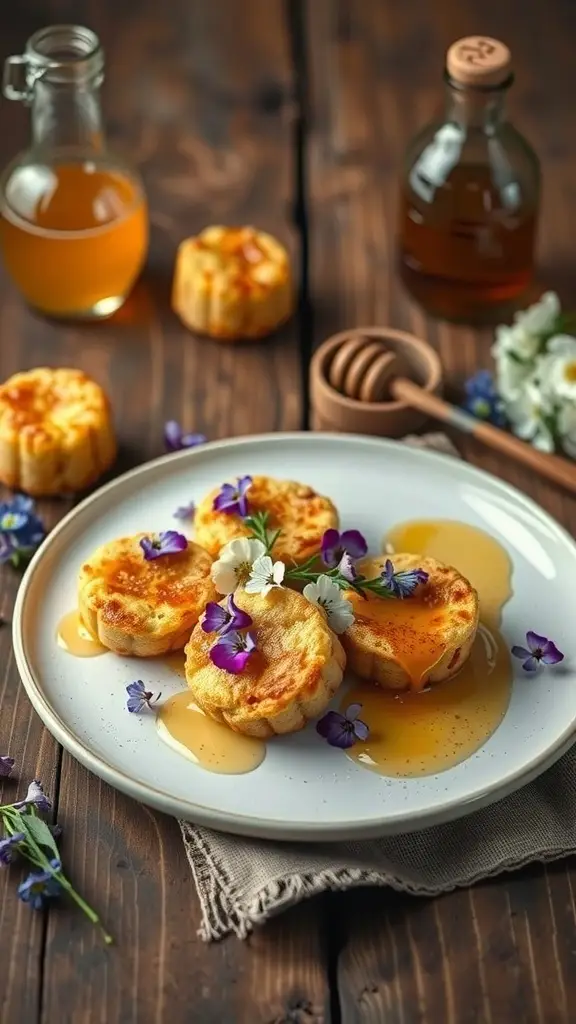 Gluten-free honey cakes served with honey and edible flowers